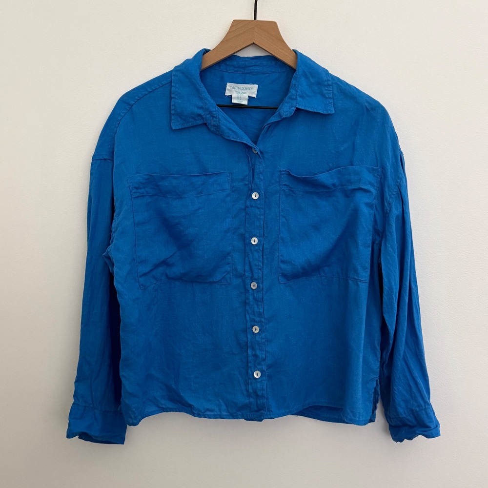Cynthia Rowley 100% Linen Button Up Shirt Womens Medium Blue‎ Coastal Minimalist